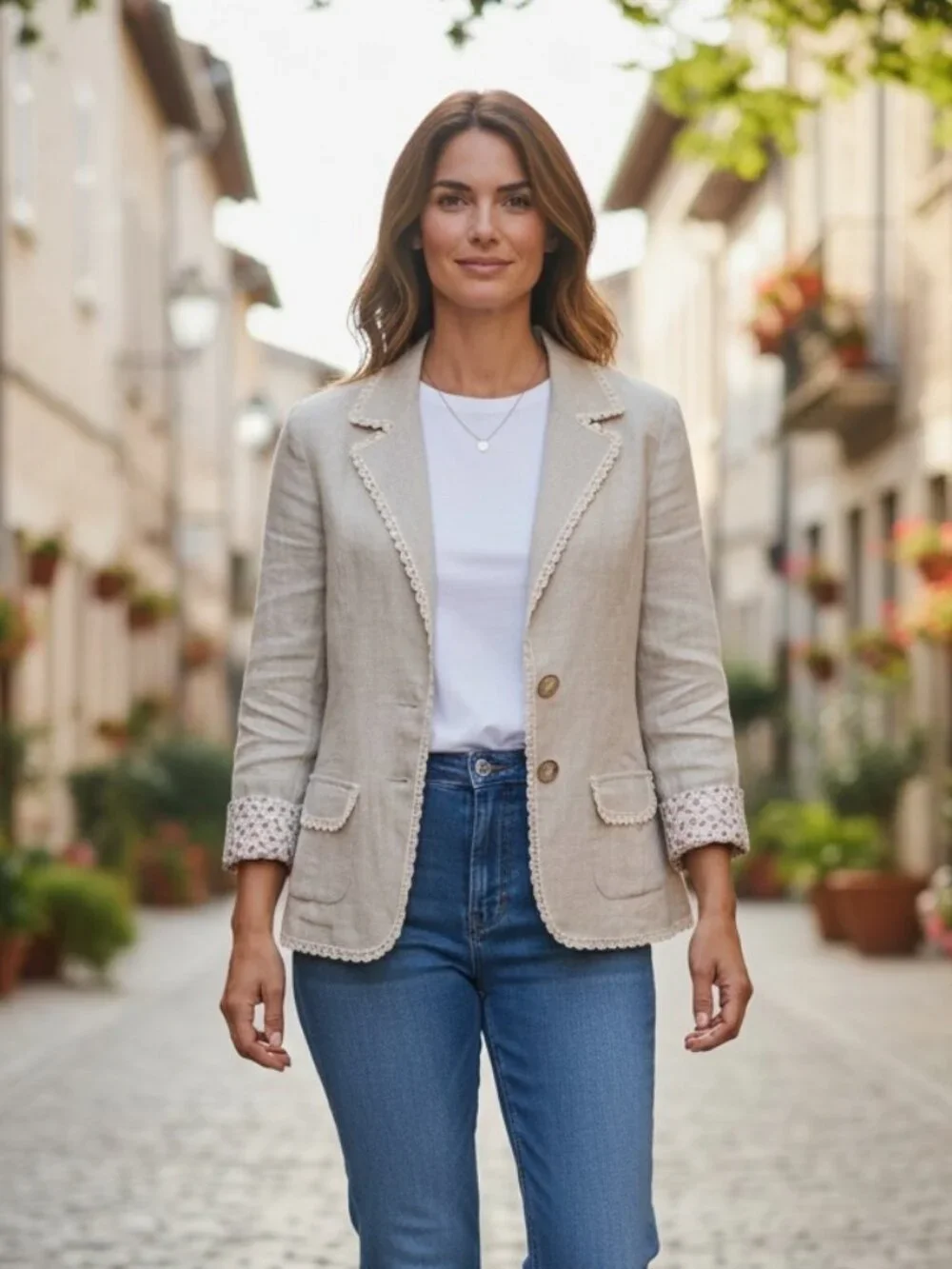 Anthropologie (Nick & Mo) Beige Linen Blend Crochet Trim Blazer - M NWT - Picture 2 of 16